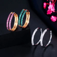 585 Gold Rose Red CZ Stone Small Circle Round Ear Hoop Earring for Women Jewelry