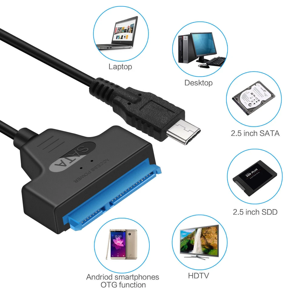 Cabo adaptador USB 3.1 tipo-C para SATA 22 pinos disco rígido driver SSD USB C - Imagem 2 de 4