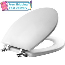 Round Enameled Wood Toilet Seat in White Never Looosens Chrome Metal Hinge