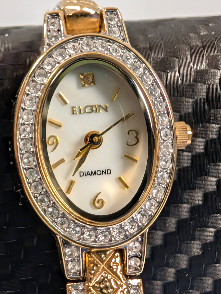 Elgin Ladies Gold-Tone Watch Clear Gemstone Quartz EG9857 | eBay display picture 3