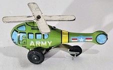 Vintage 1950s Tin Army Helicopter Made in Japan Toy Friction Push  Spin Green