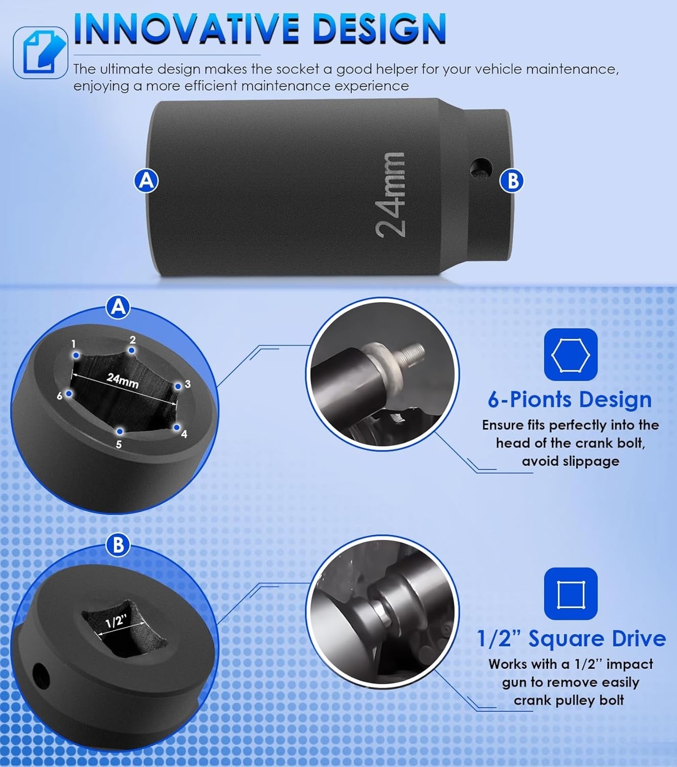 For GM LS 24mm Crank Bolt Socket 77070 Harmonic Balancer Socket Tool, 3 Times... thumbnail 5