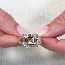 4.50 Ct Asscher VS1 Lab Grown Diamond Three Stone Wedding Ring 14K Yellow Gold