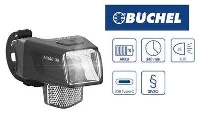 A HEAD Fahrrad Scheinwerfer LED Akku Batterie Lampe Büchel 35 Lux mit USB
