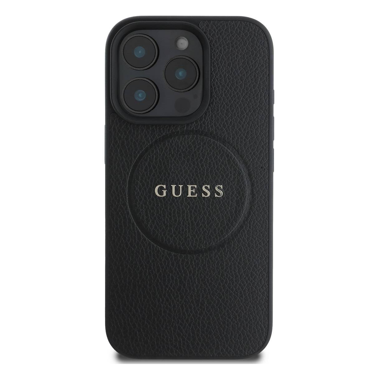 Coque iPhone 16 Pro Guess en cuir grainé noir pour protection luxe