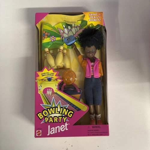 VINTAGE 1998 MATTEL BOWLING PARTY JANET BLACK BARBIE DOLL # 22014 ORIGINAL BOX