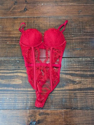 Victoria s Secret Red Lace Strappy Teddy Bodysuit One Piece Lingerie Small