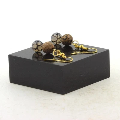 Boucles D'oreilles 2 Perles Agate veines de Dragon + bois 8 mm en Fabriqué en F - Photo 1/2