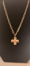 Gold Tone Hammered Cross Pendant Necklace Paperclip Chain Trendy Chunky New