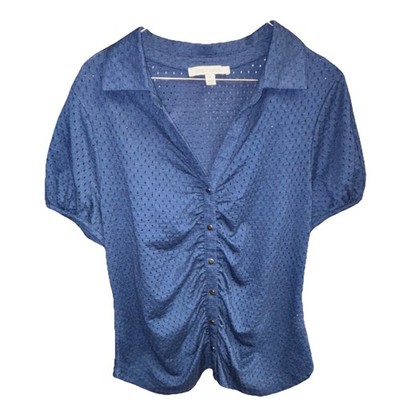 Single Thread Polyester Cotton Knit Ruched Button Blouse Blue Short Sleeve L