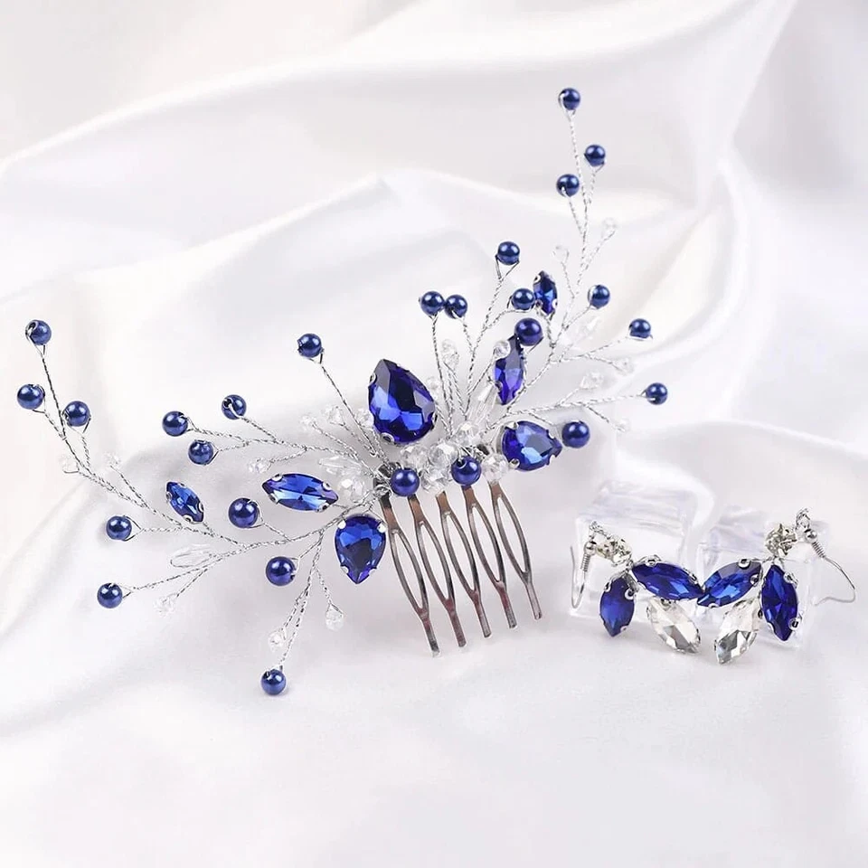 Blue Crystal Gem Hair Comb and Earrings 3 PC Set, Bridal Silver Wire Hairpin Set - Image 2 of 4