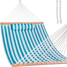 12FT Quilted Fabric Double Hammock with Spreader Bars and Detachable Pillow, ...