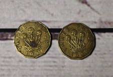 2 1937/38 George VI Brass Threepence coins. Circulated.