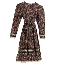 Vintage Prairie Cottagecore Floral Dress Brown Lace XXS