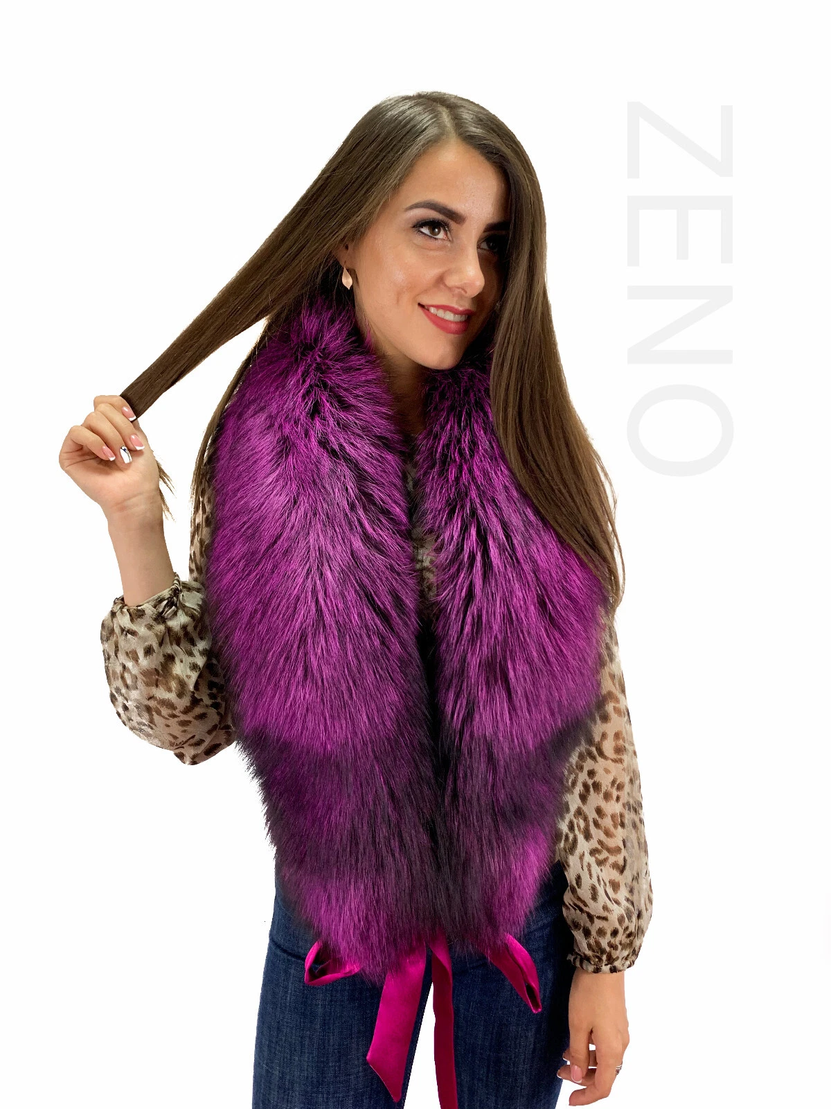 Silver Fox Fur Stole 55'' (140cm) Purple Color Saga Furs Scarf Fur Wrap Ribbon