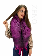 Silver Fox Fur Stole 55'' (140cm) Purple Color Saga Furs Scarf Fur Wrap Ribbon