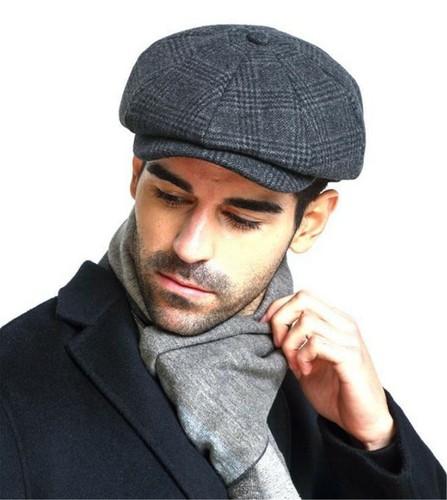 AU Men Retro Grey Check French Newsboy Cabbie Artist Hat Cap Wool Blended Beret - Picture 4 of 16