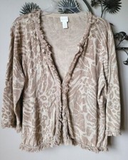 Chico's Linen Cotton 3/4 Slv Animal Print Beige Fringe Cardigan Jacket 3 L-XL