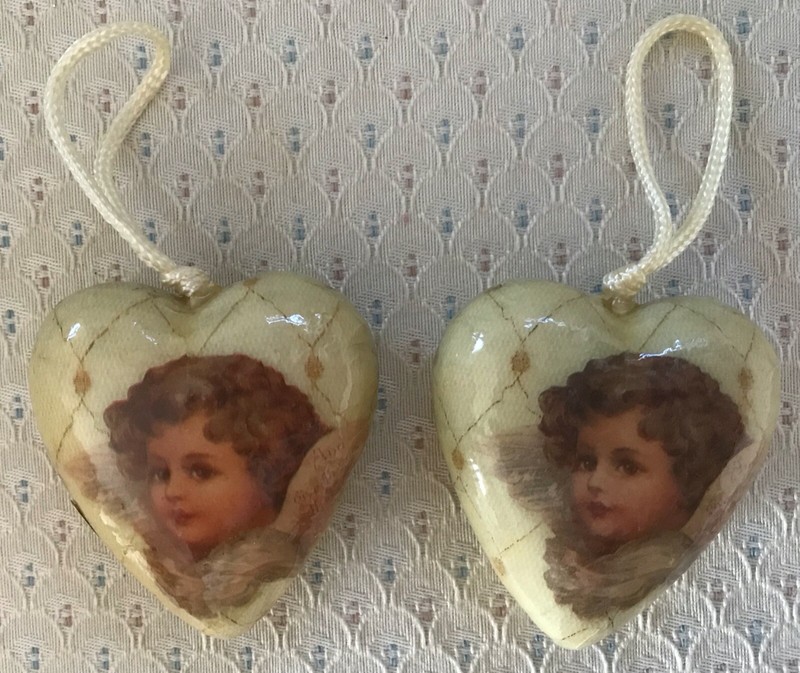 A Pair of Heart Shaped Decoupaged Cherub/Angel Valentine's + Christmas! *NEW*