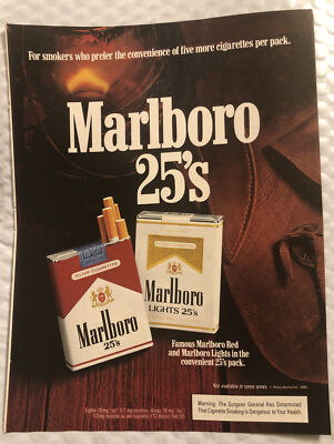 how much is a pack of 25 cigarettes 1985 Marlboro 25's Cigarettes Original Print Ad - Five More Cigarettes  Vintage