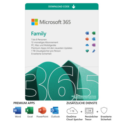 Microsoft 365 Family | Office | 6 Nutzer/Geräte | 1 Jahr | Code per eMail |ESD