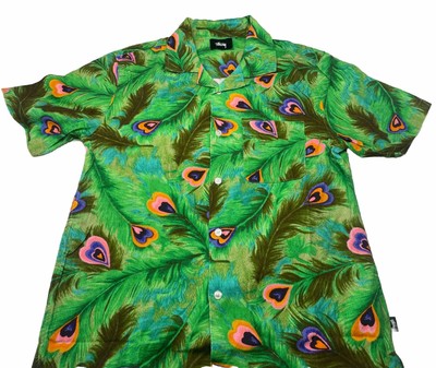 Stussy peacock feathers print bark cloth loop collar shirt Size Small NWOT