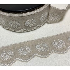 1-3/8" Roses Floral Embroidered Linen Scalloped Edge Ribbon Trim Made in France