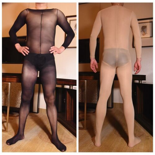 Men Gay Sheer Silky Catsuit Bodysuit Sexy Sheer Bodycon Hosiery Tight Erotic - Afbeelding 1 van 16