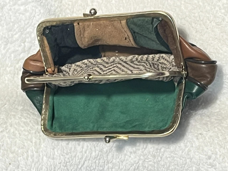 Vtg Pouch Leather Posh Paris Patchwork Coin Purse Double Kisslock Bottom Zipper - Image 3 of 4