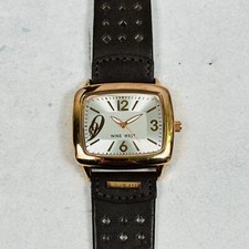Nine West Watch Womens 36mm Rectangle Gold Tone Brown Band Modern New Battery