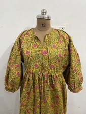 Cotton Yellow Floral Printed Dress Maxi Gown Deep Neck Dress Women's Clothing US