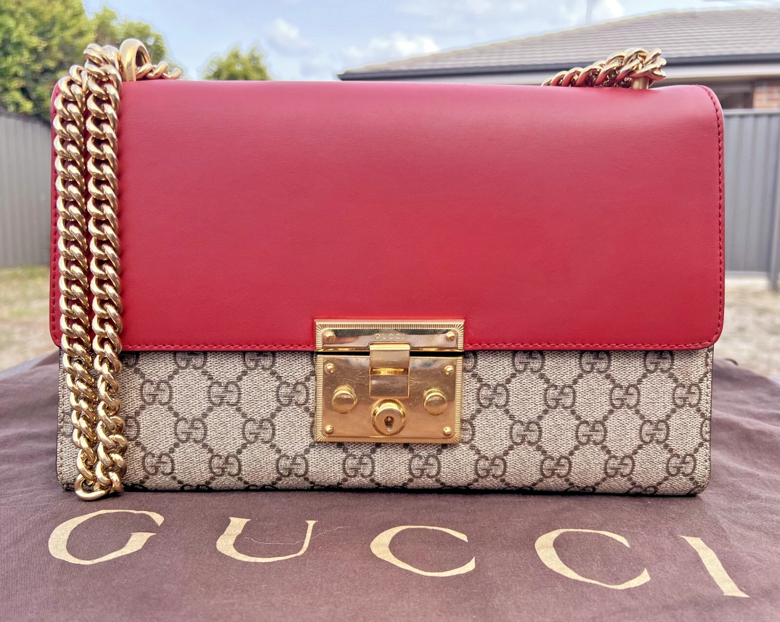 Authentic GUCCI GG Supreme Monogram Calfskin Medium Padlock Shoulder Bag