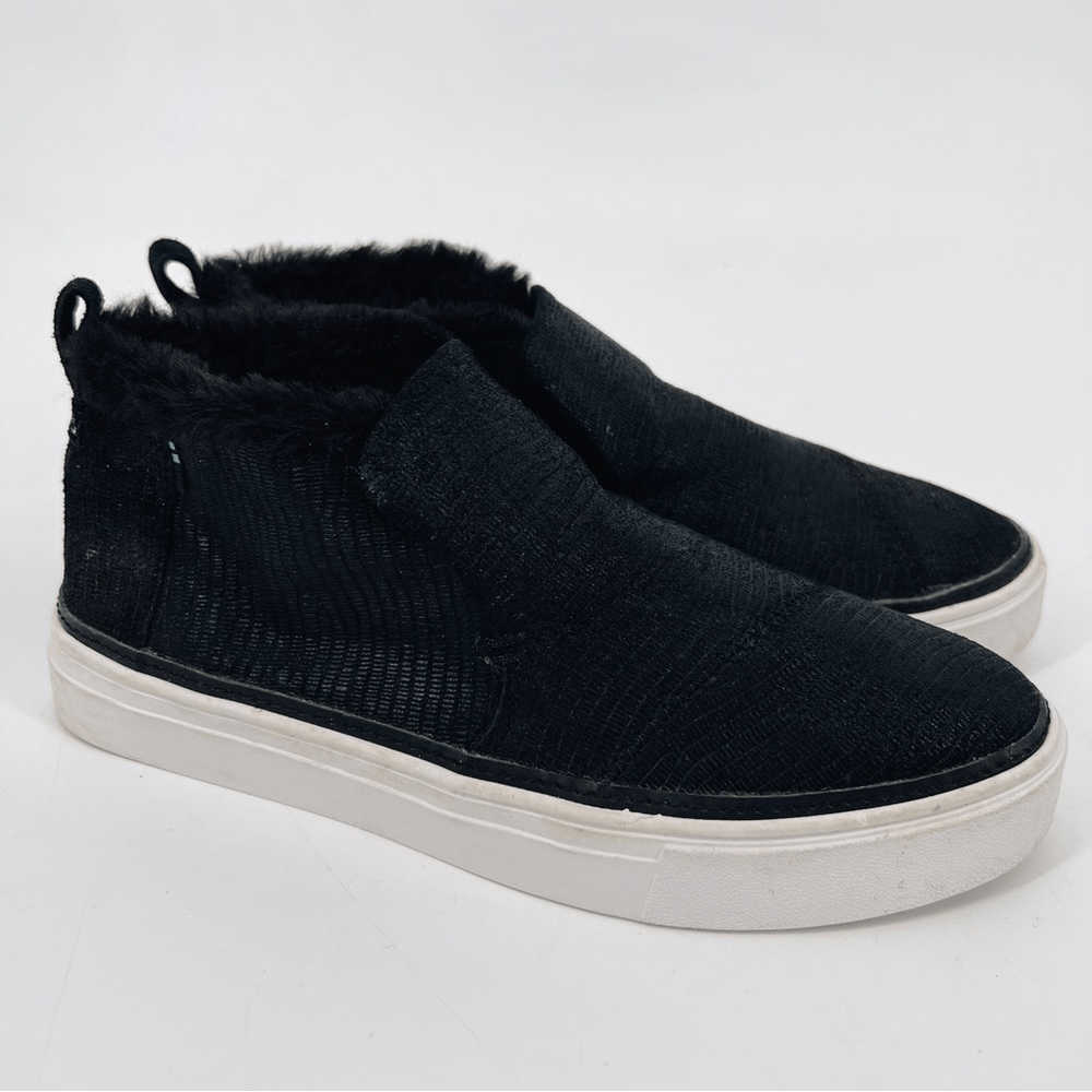 Toms Paxton Slip On Shoes Sneakers Suede Faux Shearling Black Leather  Lizard
