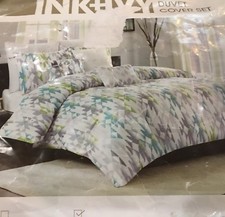 INK IVY 3PC KING DUVET SET "SIERRA" IKAT WHITE/LIME/GREY/AQUA Reversible NIP