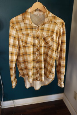 Eden & Olivia Plaid Flannel Shirt Size M Yellow Brown Autumn Fall Soft