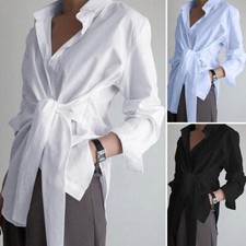 Women Lace Up Wrap Shirt Long Sleeve Buttons ...