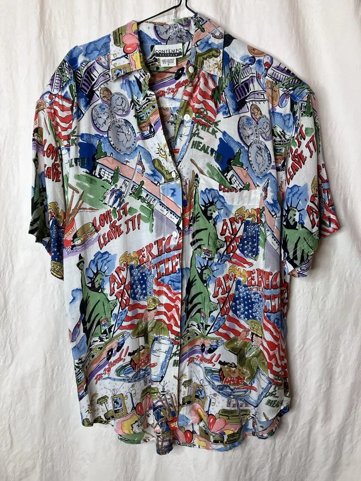 AMAZING VINTAGE MENS S 1980s CONTEMPO CASUALS AMERICANA PATRIOTIC FLAG USA SHIRT - Image 2 of 4