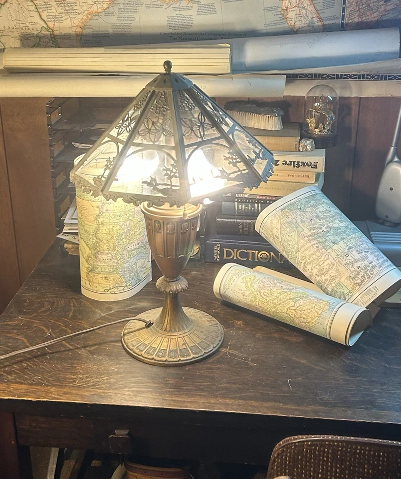 Antique  EM & Co original pedestal Glass Panel Shade Electric Brass Cast Iron - Image 2 of 4