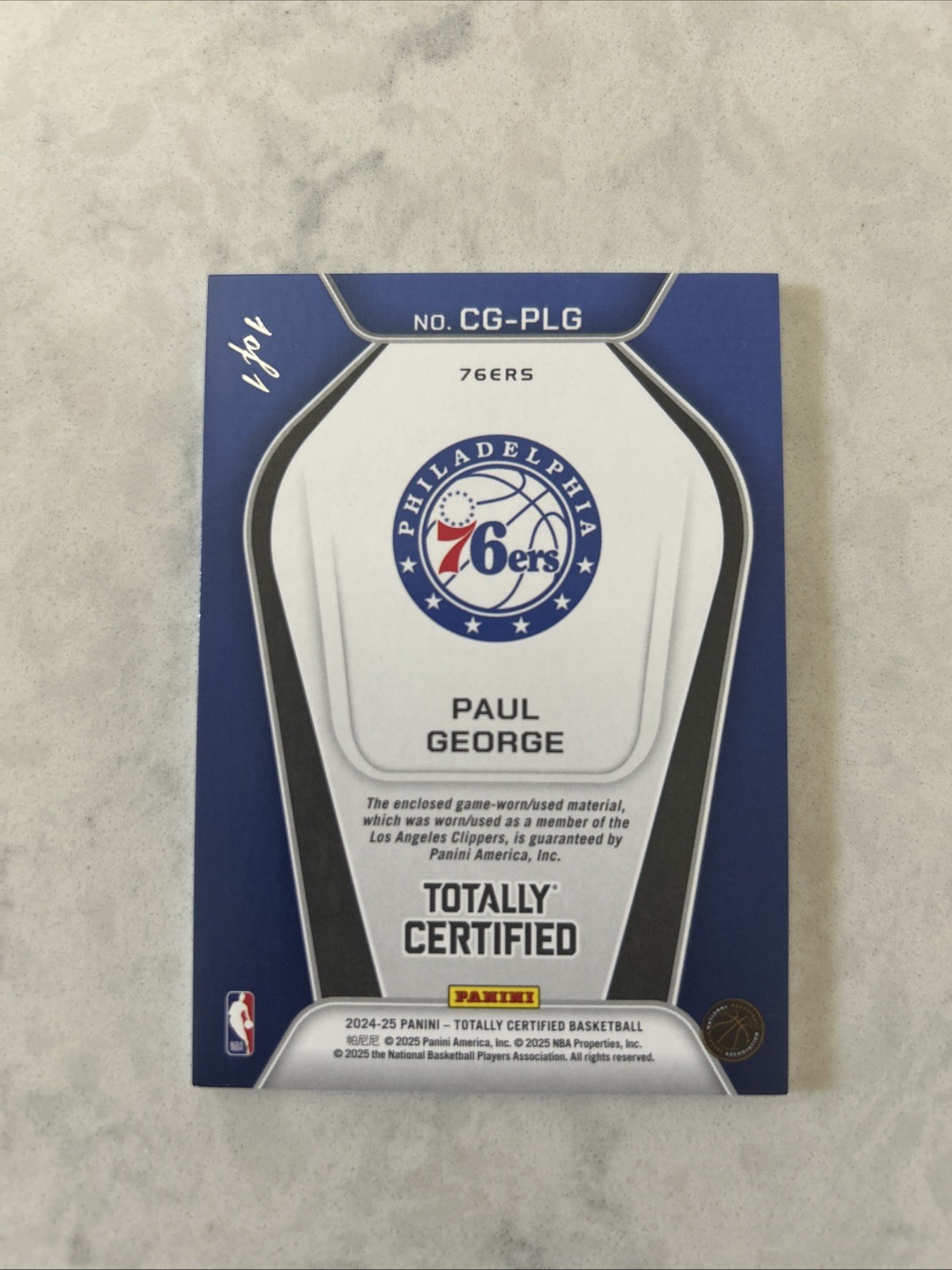 2024 - 25 Panini Totally Certified Paul George #CG-PLG 1/1 Game Worn Jersey Tag view 2