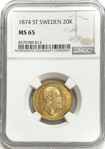 1874 ST GOLD SWEDEN 20 KRONOR OSCAR II COIN NGC MINT STATE 65