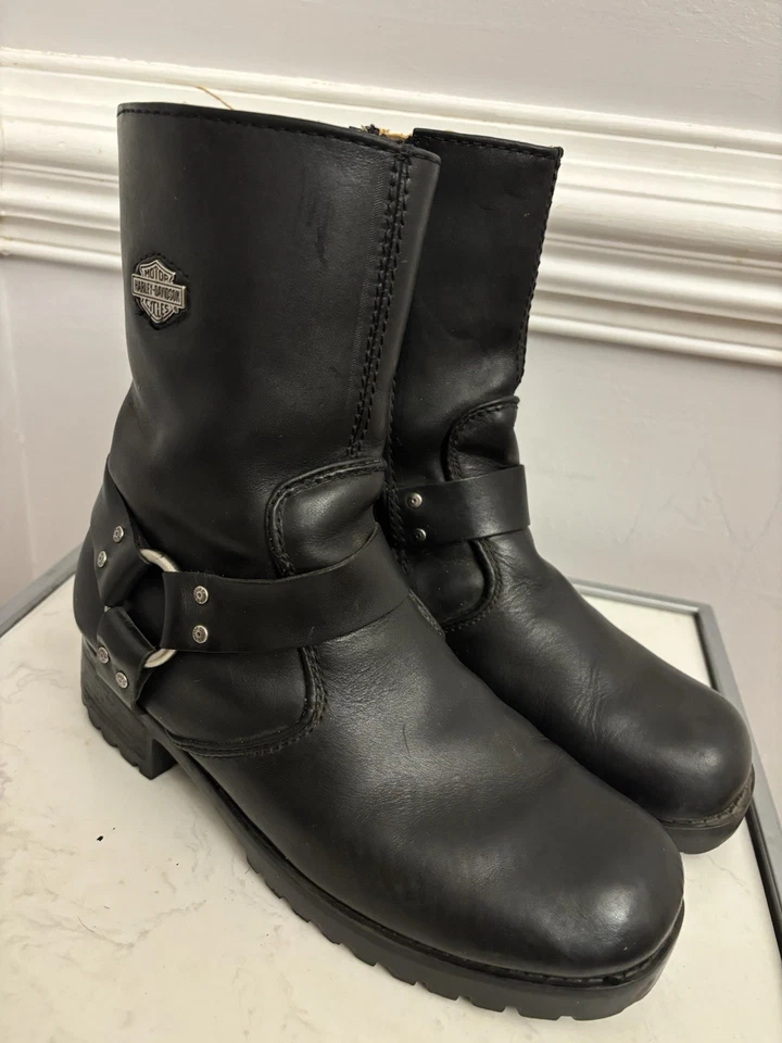 Botas para mujer Harley-Davidson arnés de cuero negro cremallera lateral 84187 talla 8,5 Foto 3 de 4