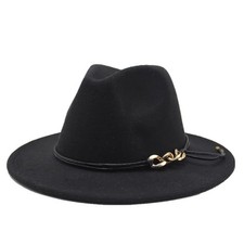 Classic Black Jazz Fedora Hat Women Wide Brim Chain Panama Autumn Winter Fashion