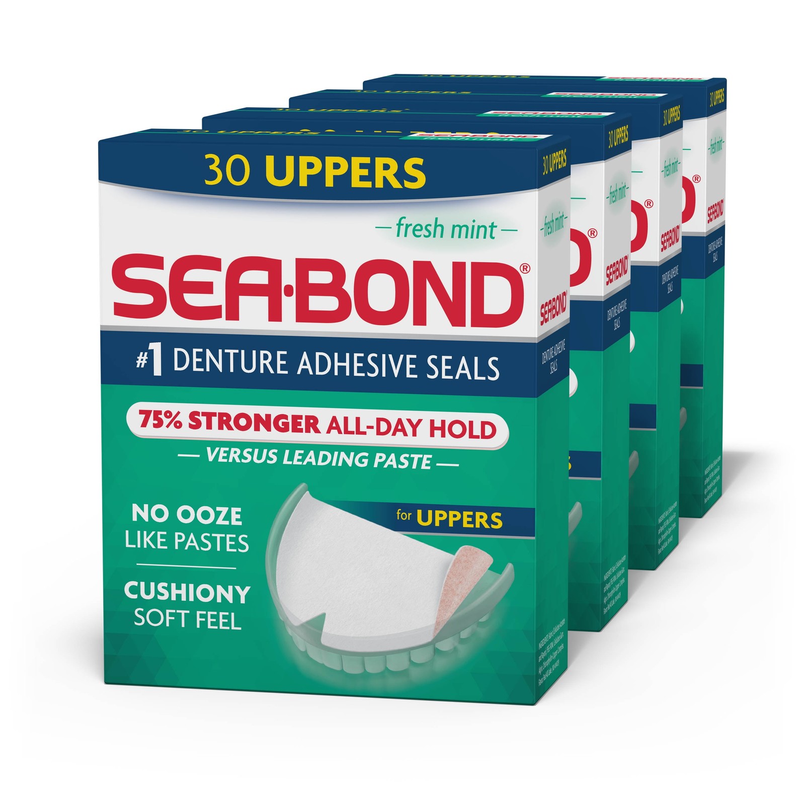 Sea Bond Denture Adhesive Seals, 30ct Mint 4-Pack, All Day Hold Upper