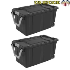 Wheeled Industrial Tote Storage Bin Heavy Duty Plastic Latch Lid Pack of 2 New