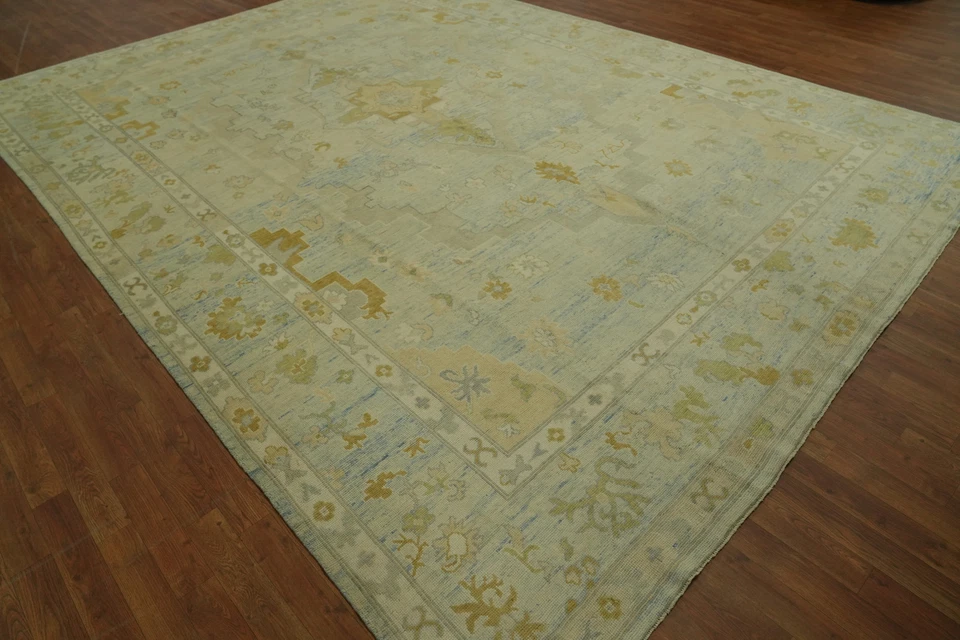 Transitional Oushak Turkish Area Rug 10x13 Ft Handmade Green Wool Carpet - Image 4 of 4