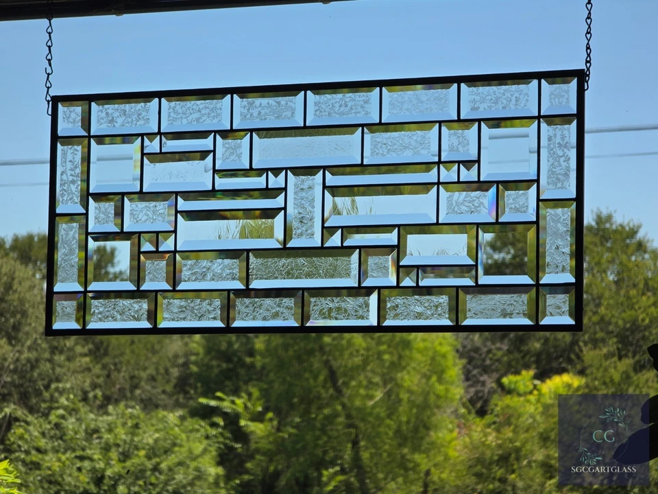 Contemporary clear stained glass panel, rectangular window hanging,28 1/2x12 1/2 - Image 3 of 4