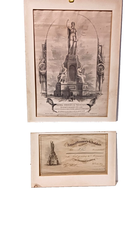 NATIONAL MONUMENT TO THE FOREFATHERS, 1855, LITHOGRAPH & CERTIFICATE, 2pcs.