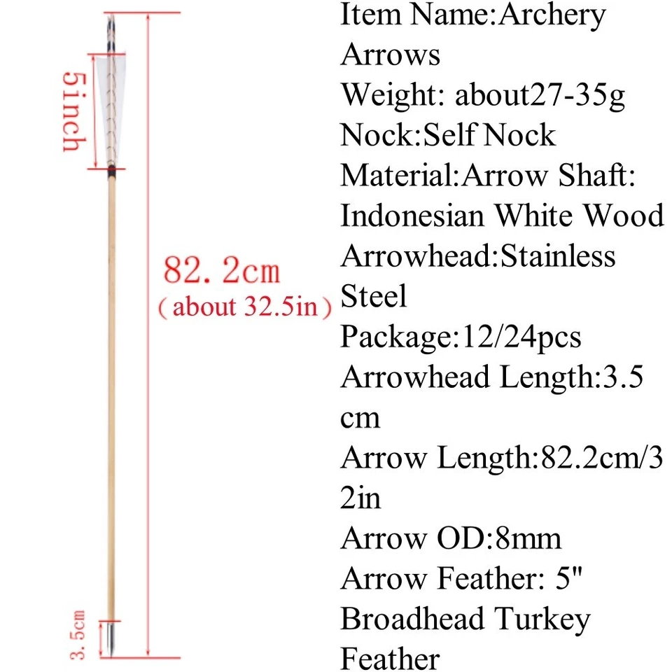 Flecha de madera 5" pluma de pavo arco largo tradicional tiro con arco objetivo de caza Foto 3 de 4