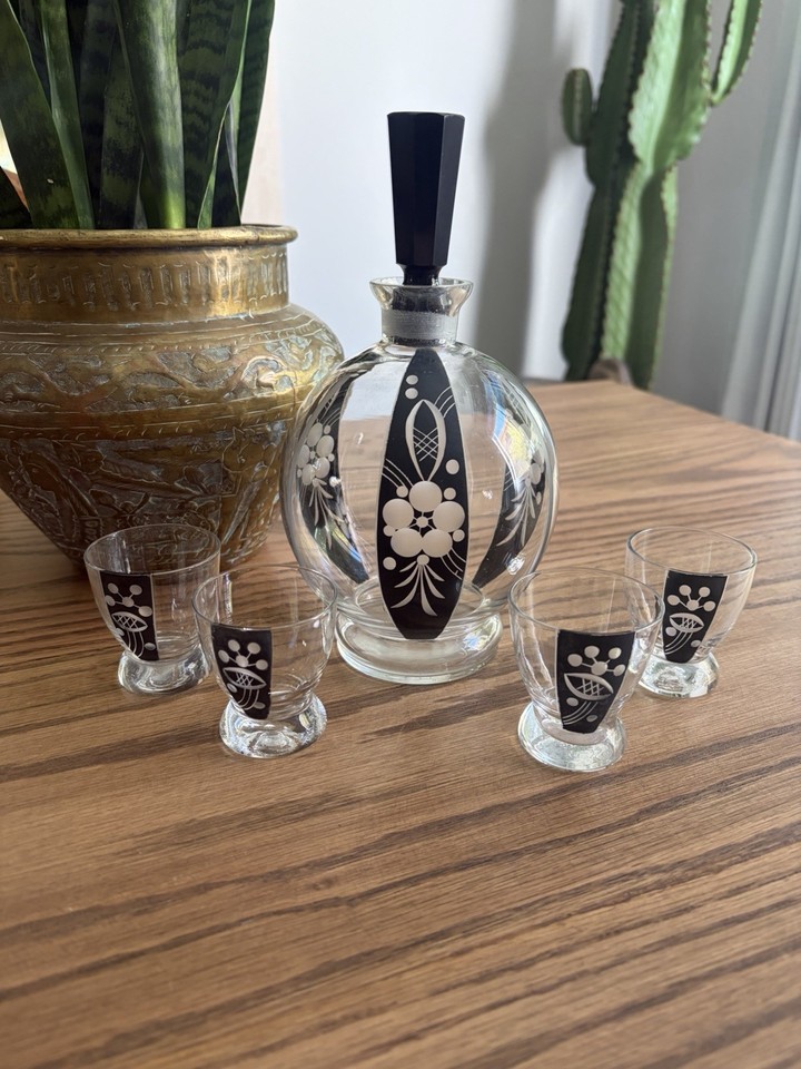 Vintage 1930s Bohemian Glass Decanter Set With Shot Glasses Black Art Deco Glass