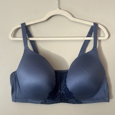 Cacique Bra 44C Lightly Lined Full Coverage Wire Free Blue Lace Comfort